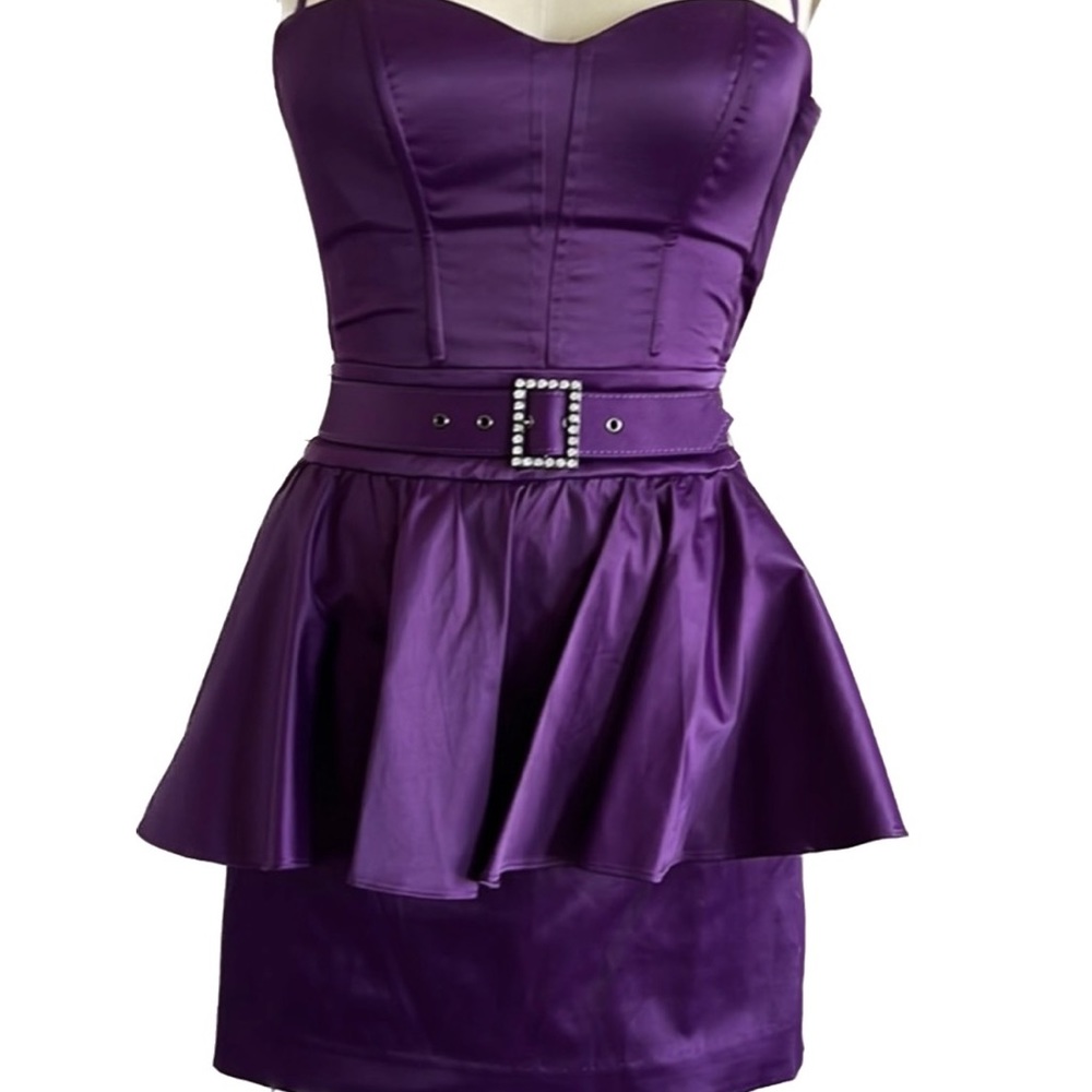 Vintage Y2K Bebe Purple Satin Peplum Corset Mini Dress Rhinestone Belt Medium